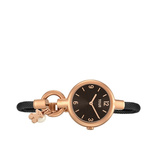 Tous Hold Charms - Zegarek ze stali szlachetnej w kolorze czarnym i różowego złota z misiem i perłą
