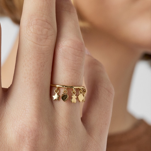 Anillo con baño de oro 18 kt sobre plata motivos oso, corazón y estrella Cool Joy