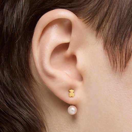 Short single gold bear Earring with cultured pearl Sweet Dolls