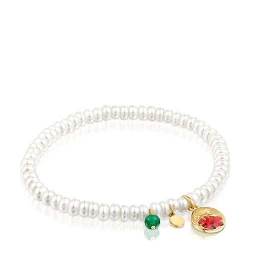 Pulsera elástica de perlas cultivadas y motivo con baño de oro 18 kt sobre plata y oso y flor Maga