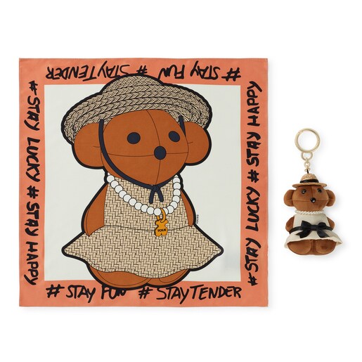 Pack porte-clés Teddy ourson en raphia + foulard marron