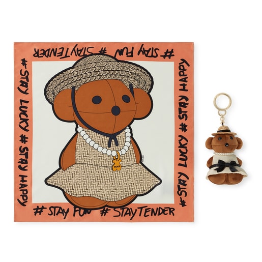 Set with Teddy raffia bear Key ring + brown Scarf