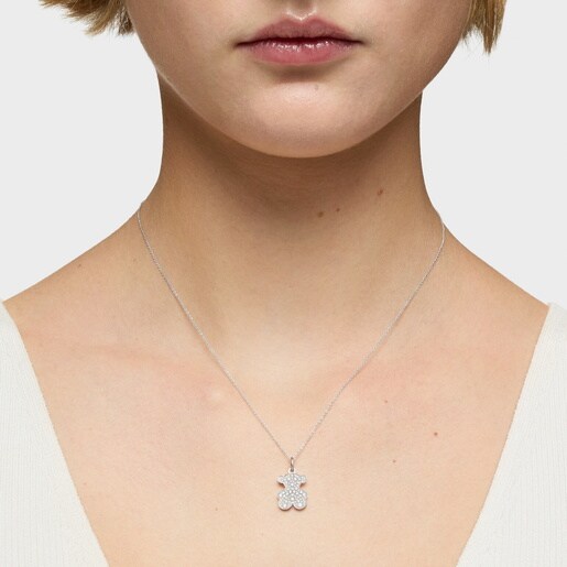 Collar corto oso de oro blanco con diamantes 16 mm Icon Gems
