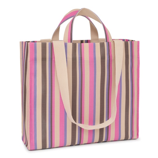 حقيبة تسوق TOUS Stripes كبيرة الحجم باللونين البيج والوردي