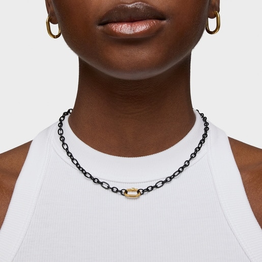 Collar corto de plata dark silver y anilla con baño de oro 18 kt sobre plata Hold Oval