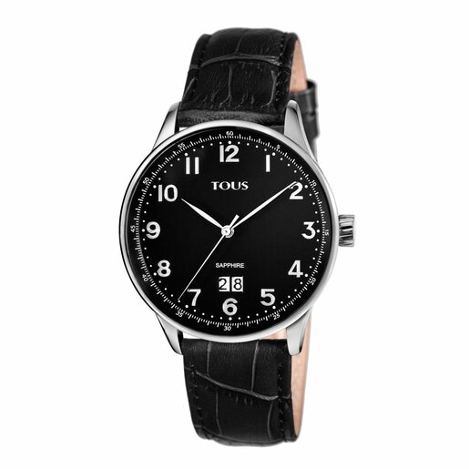 Steel Porto II Watch with black Leather strap