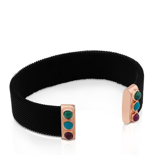 Pulsera Super Power de Acero y con baño de oro rosa 18 kt sobre plata con Malaquita, Turquesa y Rubí