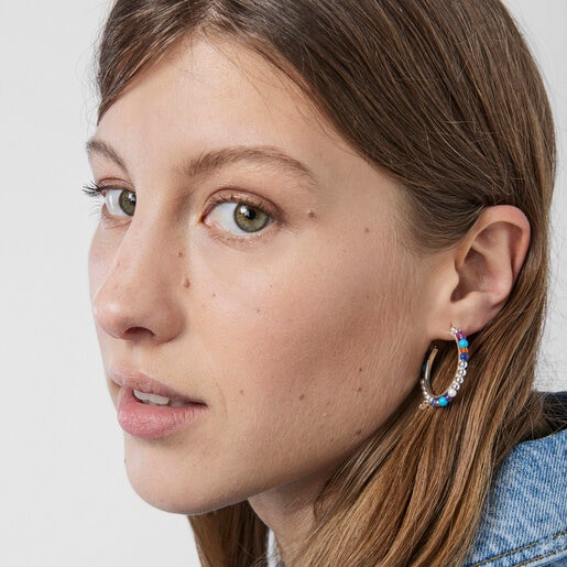 Aretes aro de plata con perlas y gemas Oceaan Color