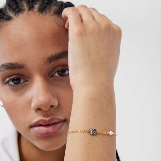 Pulsera oso con baño de oro 18 kt sobre plata, diamantes y perla Nocturne