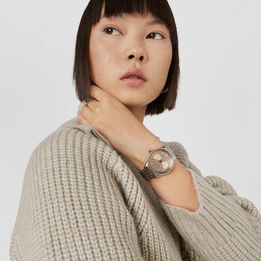 Reloj analógico multifunción con brazalete de acero y acero IP rosado T-Bear