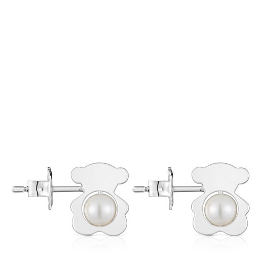 Small 12 mm silver bear Earrings with cultured pearls I-Bear