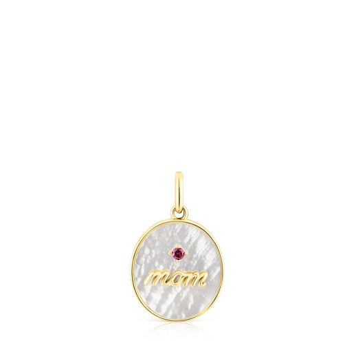 Pendentif médaille Mom argent vermeil, nacre et rhodolite TOUS Mama