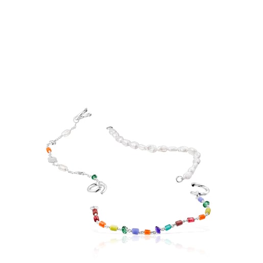 Long silver Oceaan Hold Necklace with pearls and multicolored glass