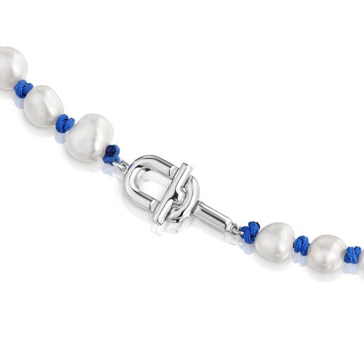 45 cm lange Halskette TOUS MANIFESTO aus blauem Nylon und Silber mit Zuchtperlen