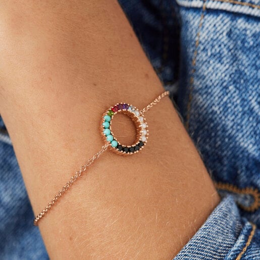 Straight disc Bracelet in Rose Silver Vermeil with Gemstones