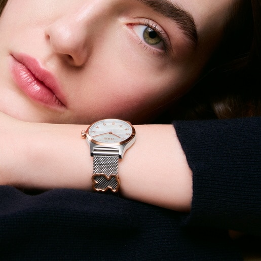 Reloj analógico con brazalete de acero con motivo, acero rosado y esfera de nácar con motivos EPIC ICON KDT