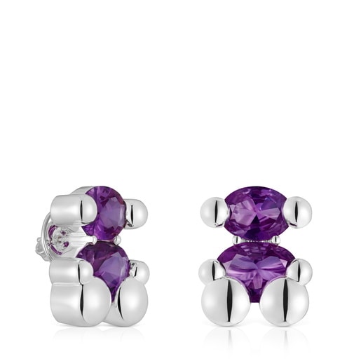 23 mm silver bear motif Earrings with laboratory-grown lilac sapphire Color Bear LGG