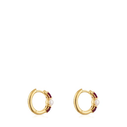 Gold Hoop earrings with rhodolites and cultured pearl Ivette