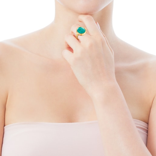 Silver vermeil Oceaan Color cameo Ring with green glass