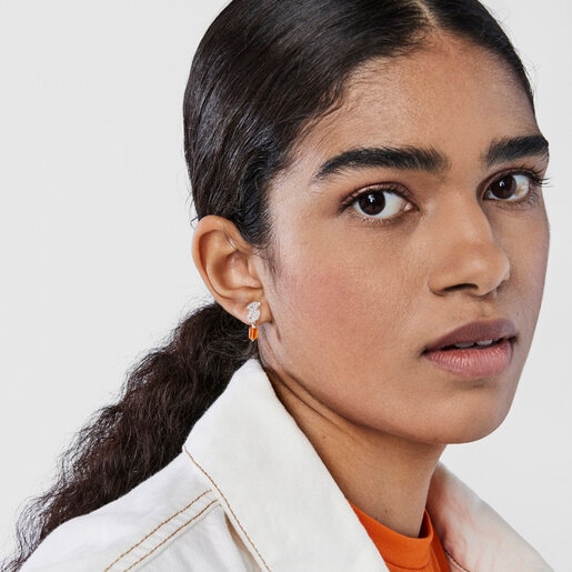 Silver Oceaan bear Earrings with orange and blue glass