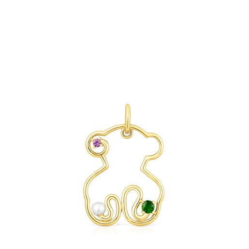 Gold Tsuri Bear pendant with gemstones and a cultured pearl