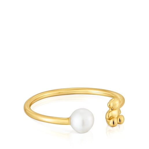 14kt gold and cultured pearl bear Open ring Bold Bear