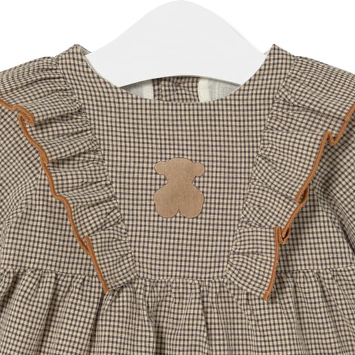 Girls gingham dress in Brown beige