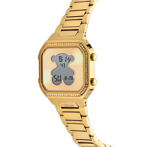 Reloj digital con brazalete de acero IPG dorado y zirconitas D-BEAR