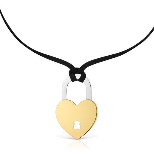 Two-tone steel heart and black cord Necklace TOUS Charming