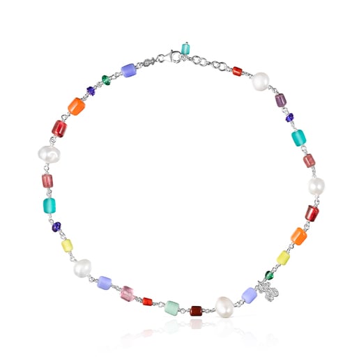 Collar de glass multicolor plata y perlas Oceaan