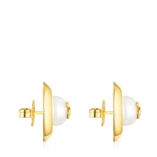 Pendientes grandes con baño de oro 18 kt sobre plata y perla TOUS Basics disco