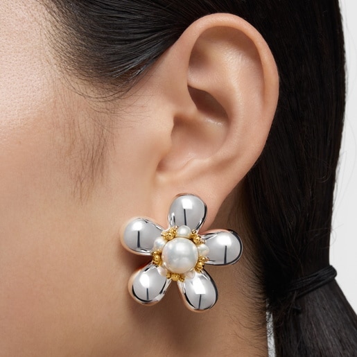 Boucles d’oreilles fleur bicolores et perles de culture 36 mm Daisy