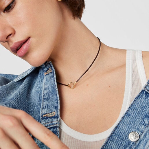 שרשרת הולד מזהב ועור בצבע חום