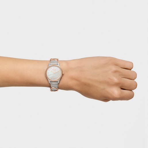 Analog/digital Watch with steel bracelet, rose-colored steel and mother-of-pearl face Epic Icon Mesh