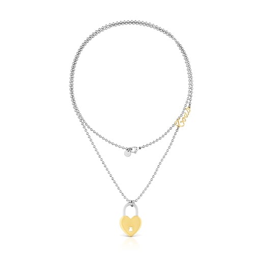 Long two-tone steel Necklace with heart charm TOUS Charming