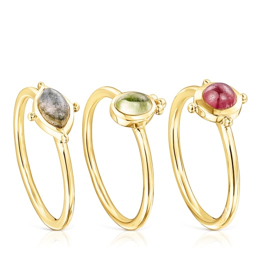 Pack of silver vermeil Magic Nature Rings with gemstones | TOUS