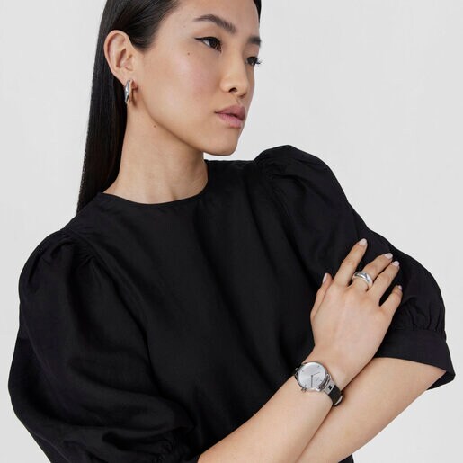 Reloj analógico Let Leather de acero con correa de piel negra