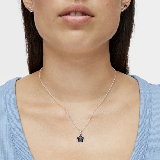 Bickie blue IP steel triple star silver Necklace