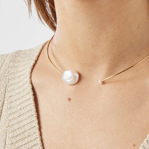 Rigid Silver Vermeil Nenufar petal Necklace with Pearls | TOUS