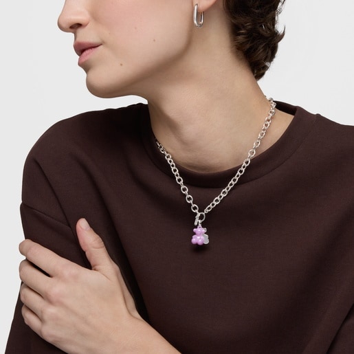 Dije doble oso de plata y cerámica lila Bold Bear