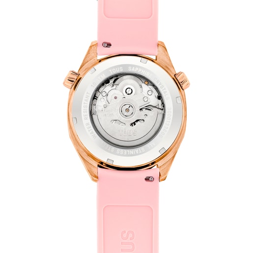 Rellotge gmt automàtic amb corretja de silicona rosa, caixa d'acer IPRG rosa i esfera de nacre TOUS Now