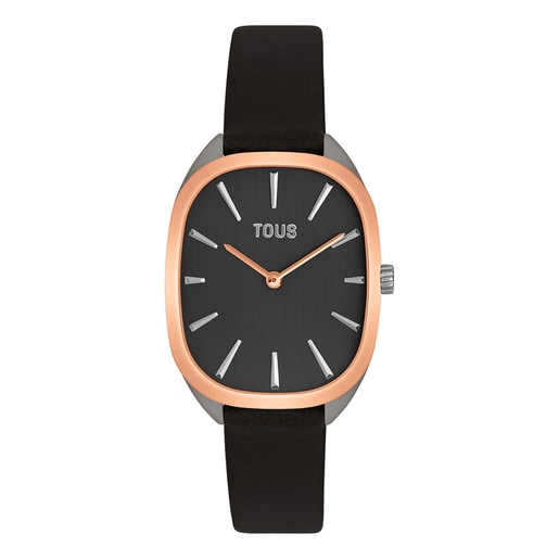 Montre analogique en acier IPRG rose avec bracelet en cuir noir Heritage