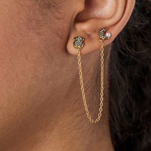 Nocturne double 1/2 Earring in Silver Vermeil with Diamonds and Pearl