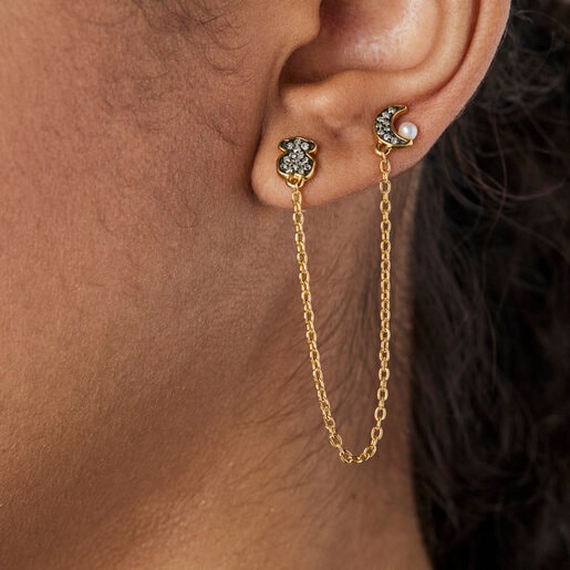 1/2 Boucle d’oreille Nocturne double en Or Vermeil, Diamants et Perle