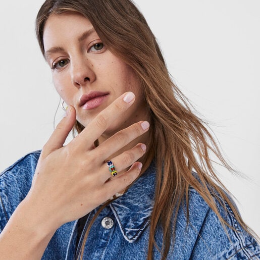 خاتم Vibrant Colors من TOUS من الفضة بتميمة دبدوب من الأحجار الكريمة والإيناميل