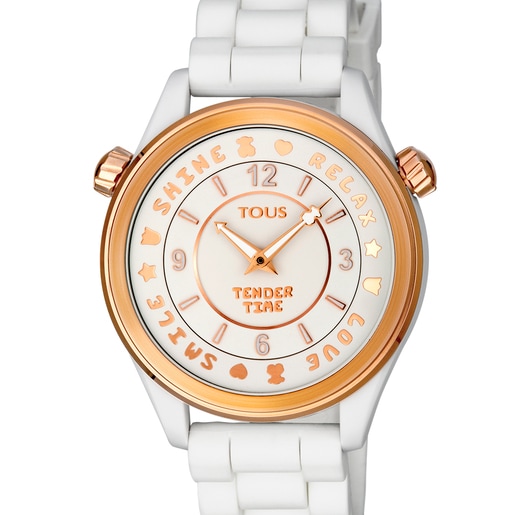 Uhr Tender Time aus rosa IP-Stahl mit weißem Silikon-Armband