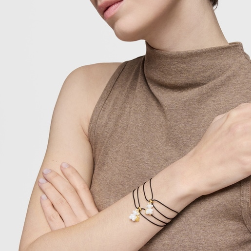 Pulsera doble oso con baño de oro 18 kt sobre plata, cerámica blanca y nylon negro Bold Bear