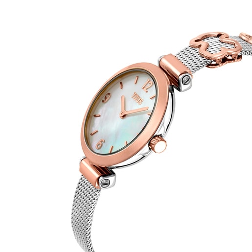 Reloj analógico/digital con brazalete de acero, acero rosado y esfera de nácar Icon Charms