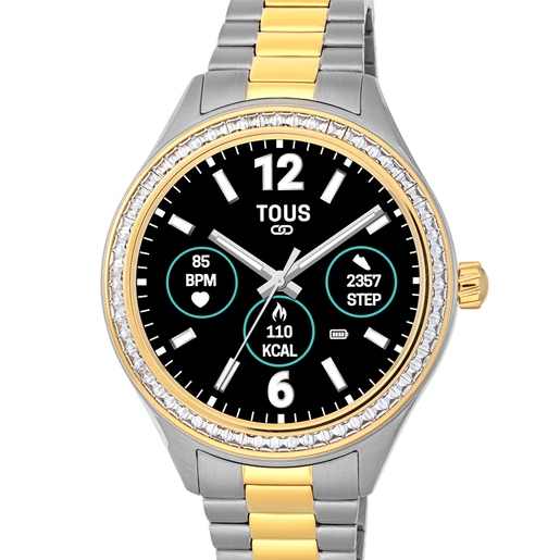 Reloj smartwatch con brazalete de acero, acero IP dorado y zirconias blancas T-Shine Connect