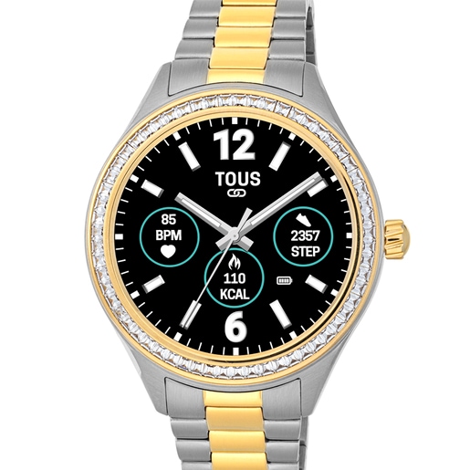 Montre Smartwatch T-Shine Connect avec bracelet en acier, acier IP doré et zirconites blanches